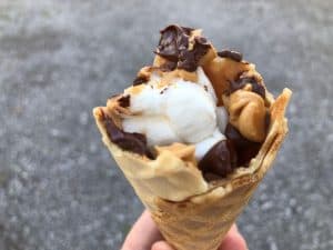 waffle campfire cone stuffed with chocolate, butterscotch, and marshmallows