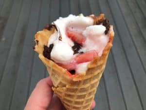 campfire cone with strawberries, chocolate, and marshmallows