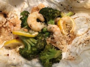 lemon shrimp and broccoli on minute rice in a foil packet