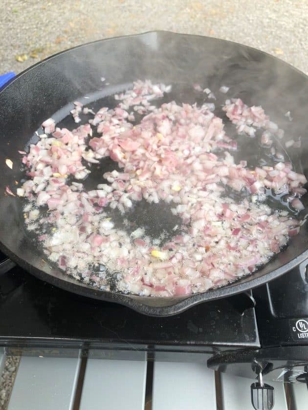 minced garlic and diced red onion sauteing in cast iron skillet on camp stove