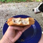 pie iron biscuits and gravy on blue plate with dog in background