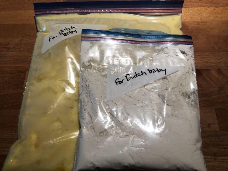 two zip top bags, one with wet ingredients, one with dry