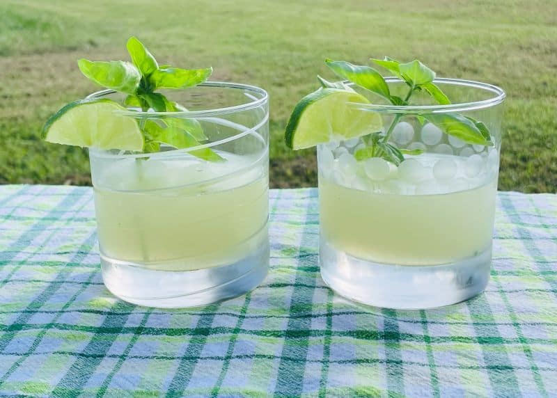 gin basil smash drinks on checkered cloth outdoors