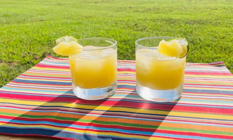 pineapple ginger fizz drinks with garnish on striped cloth outside